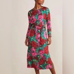 Vineyard Vines Red Floral Midi Dress with Pink and Green Accents 55% SILK NWT